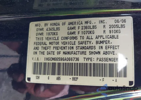 2006 Honda Accord 3.0 Ex z USA, uszkodzony, nr VIN 1HGCM66596A066736